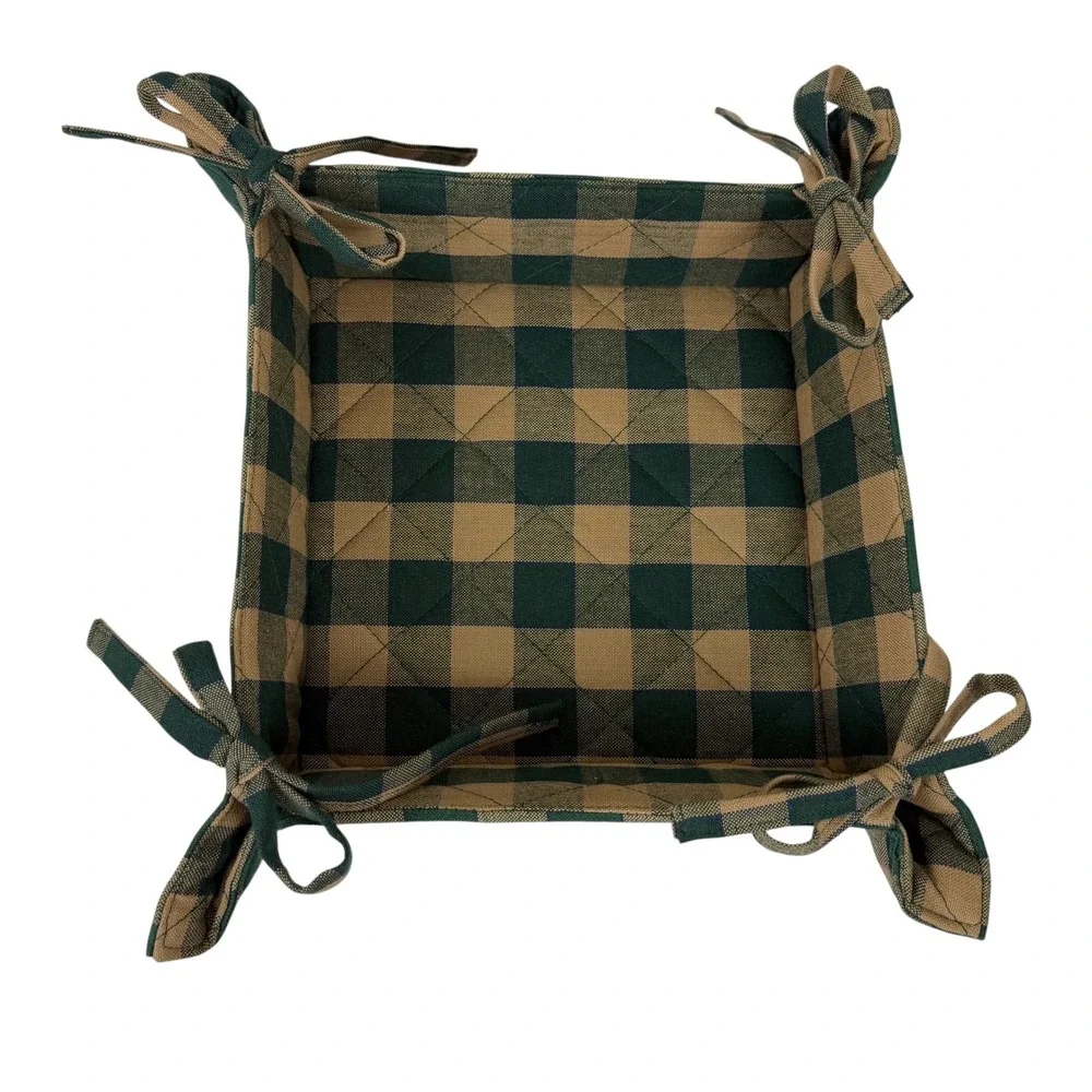 Park Designs Rooster Buffalo Check Fabric Bread Basket Green Tan 8x8 Country